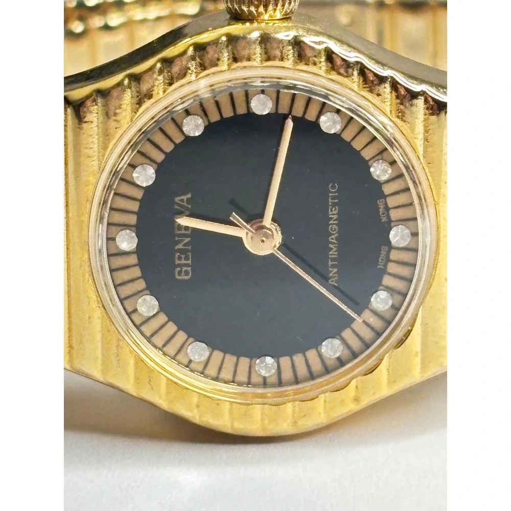 Geneva Gold Tone Antimagnetic Watch Black Dial Crystal Markers Needs battery